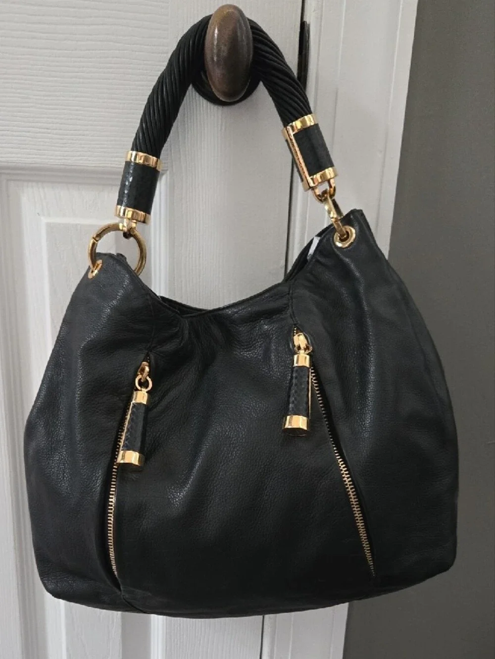 Michael Kors Black Leather Hobo with Gold Hardware